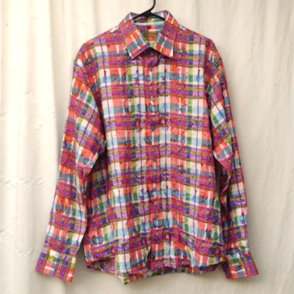 Luchiano Visconti Colorful Abstract Plaid Linen Long Sleeve Shirt Men's XL